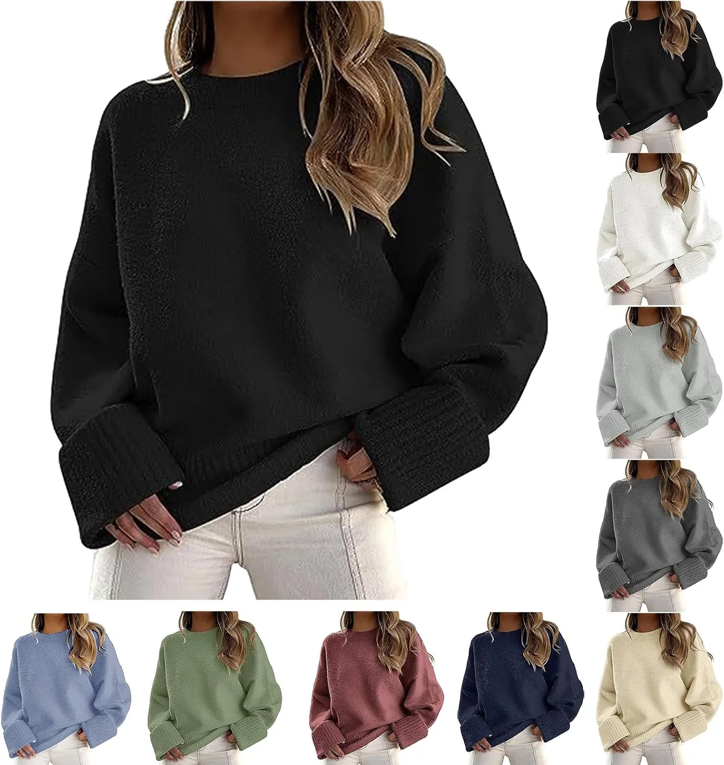 Women's Oversized Sweaters Fuzzy Knit Chunky Warm Pullover Sweaters Long Sleeve Crew Neck Tops 2024 Trendy Outfits