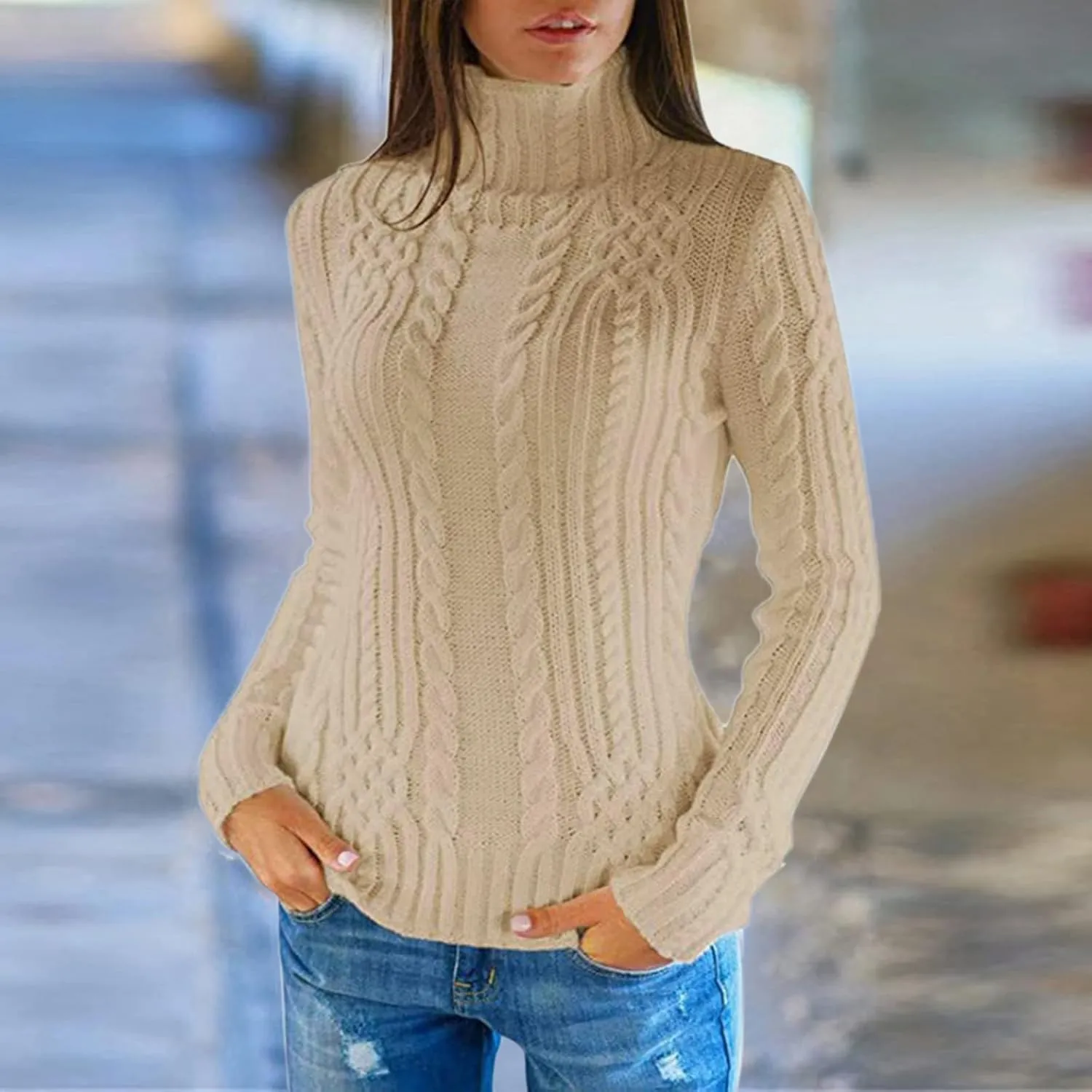 Women's Oversized Turtleneck Knitted Wool Knit Bottom Female Long Sleeve Thick Loose Pullover Sweater Dress Fall