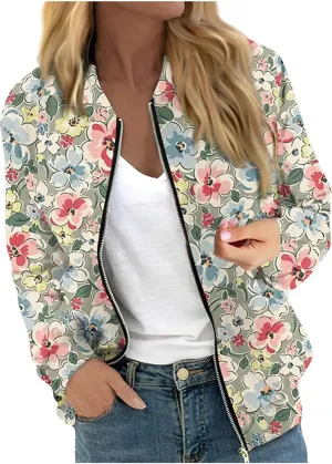 Women's Plaid Zip Up Long Sleeve Bomber Jacket Lightweight Outerwear with Pockets Short Winter Windbreaker Coat