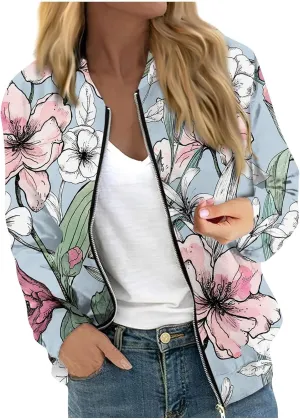 Women's Plaid Zip Up Long Sleeve Bomber Jacket Lightweight Outerwear with Pockets Short Winter Windbreaker Coat