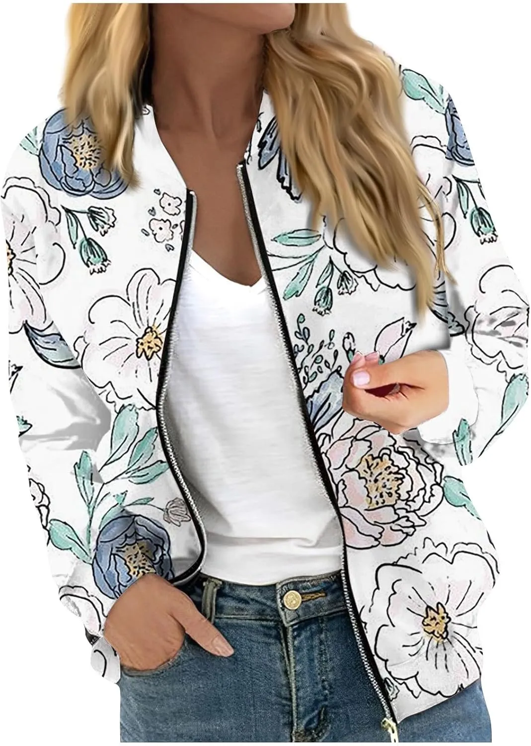 Women's Plaid Zip Up Long Sleeve Bomber Jacket Lightweight Outerwear with Pockets Short Winter Windbreaker Coat