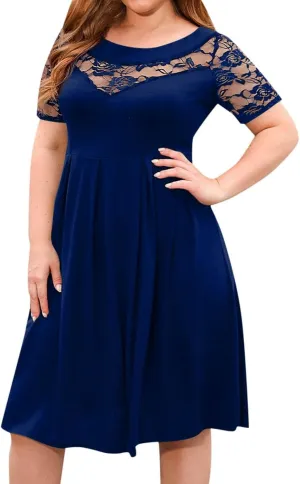 Women's Plus Size Short Sleeve Lace Midi Dress Pleated Casual Summer Flowy Dress with Pockets Petite Maxi Dresses