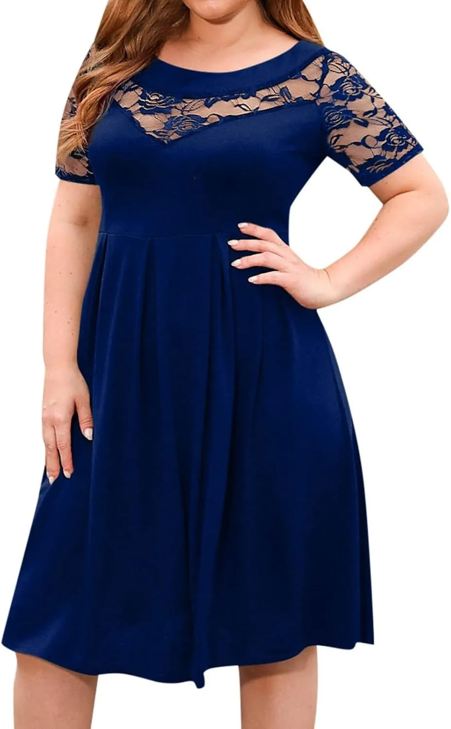 Women's Plus Size Short Sleeve Lace Midi Dress Pleated Casual Summer Flowy Dress with Pockets Petite Maxi Dresses