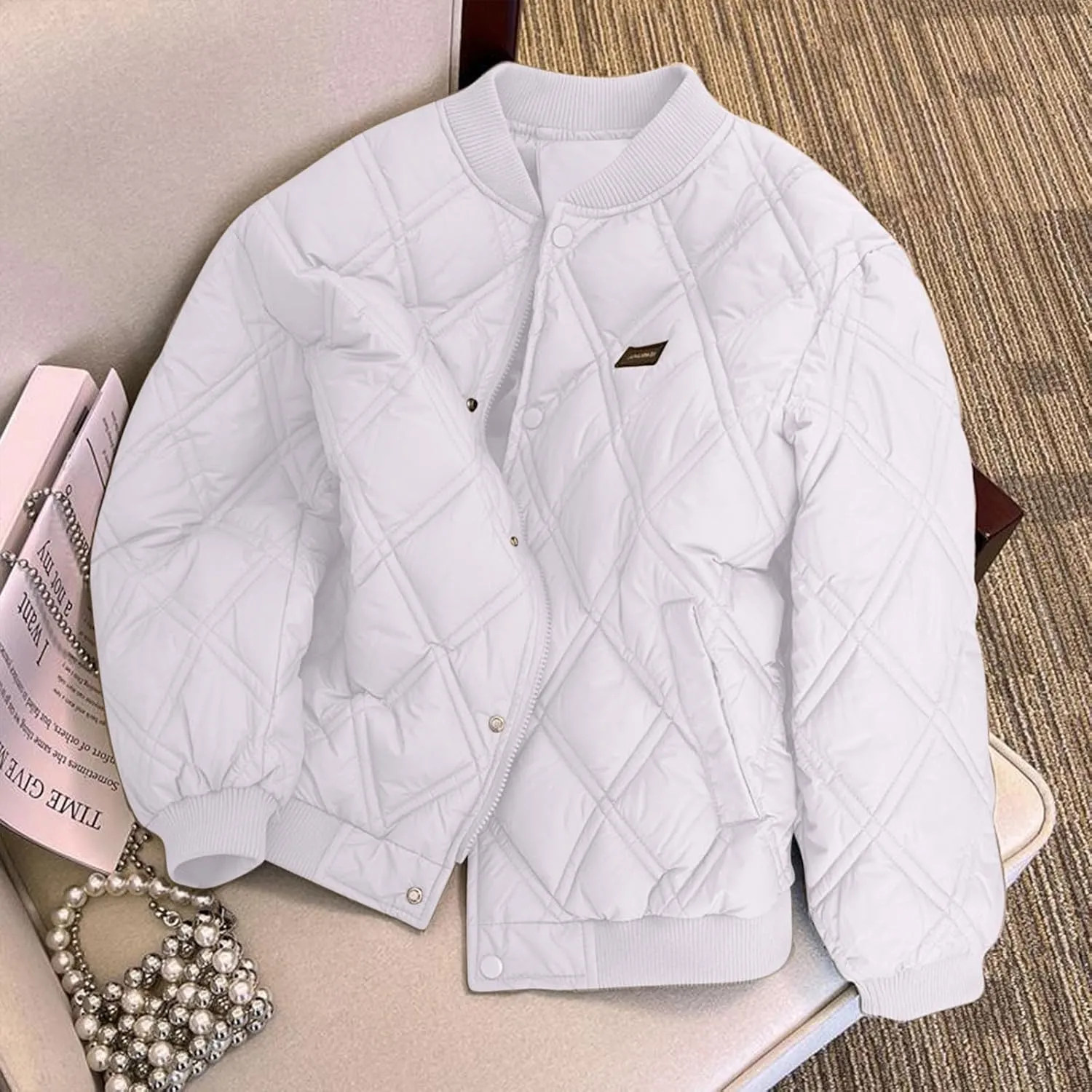 Women's Quilted Jackets Lightweight Button Down Winter Down Coats Trendy Oversized Casual Bomber Jacket with Pockets