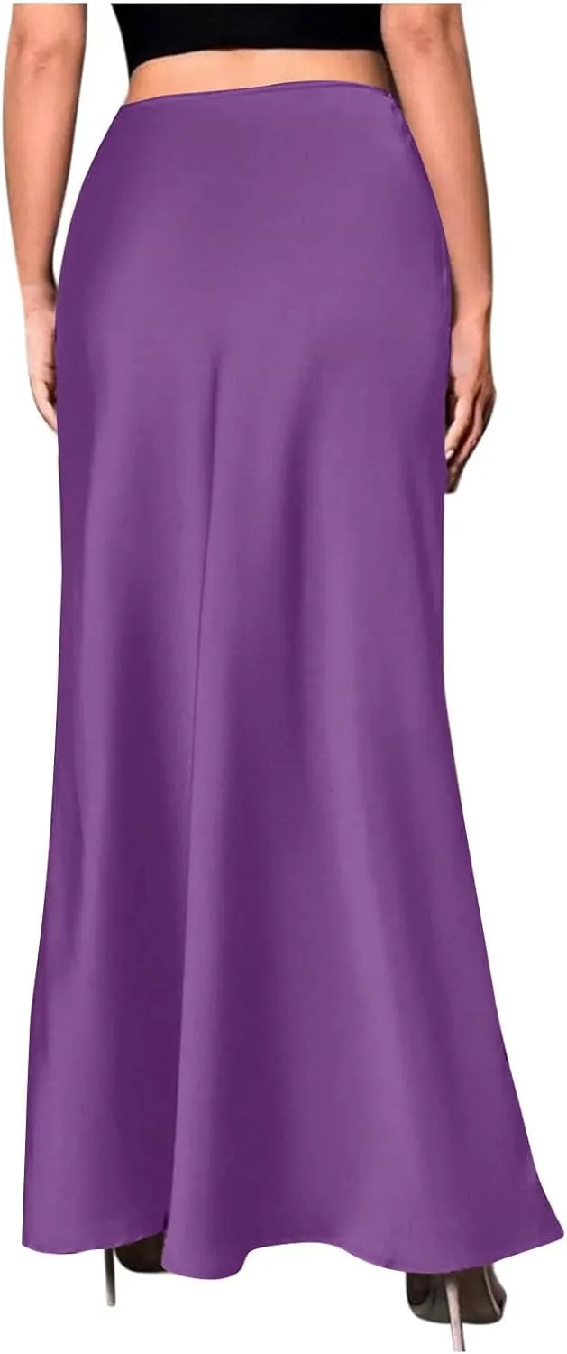 Womens Satin Silk Long Skirt 2025 Fashion Elegant Cocktail Party Flared Skirts Solid Color Casual High Waist Skirt