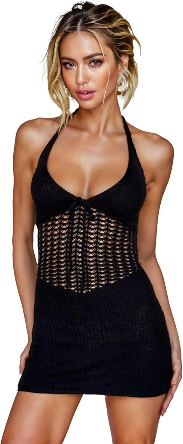 Women's Sexy Halter Backless Crochet Knit Mini Dress Elegant Bow Tie Front Hollow Out Short Dress Summer Beach Dress