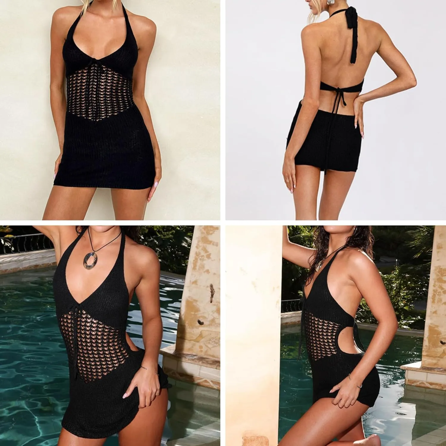 Women's Sexy Halter Backless Crochet Knit Mini Dress Elegant Bow Tie Front Hollow Out Short Dress Summer Beach Dress
