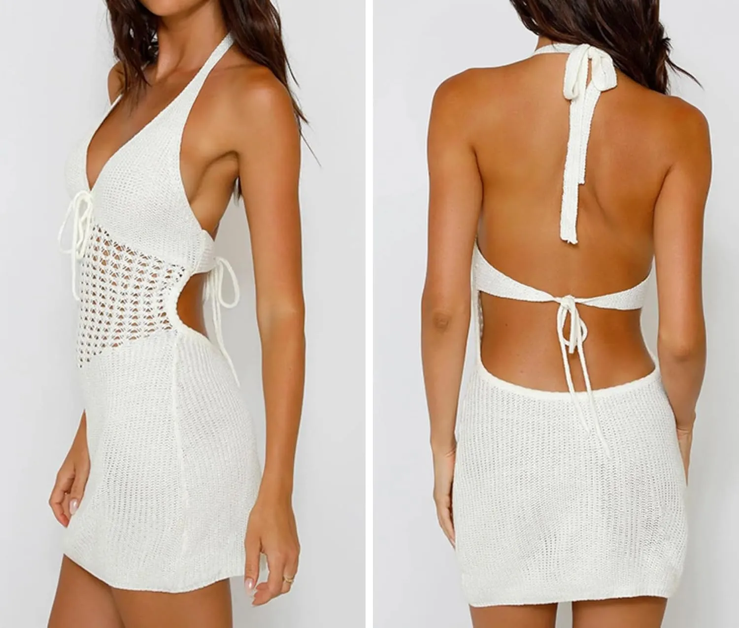 Women's Sexy Halter Backless Crochet Knit Mini Dress Elegant Bow Tie Front Hollow Out Short Dress Summer Beach Dress