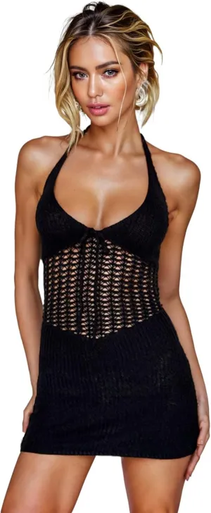 Women's Sexy Halter Backless Crochet Knit Mini Dress Elegant Bow Tie Front Hollow Out Short Dress Summer Beach Dress