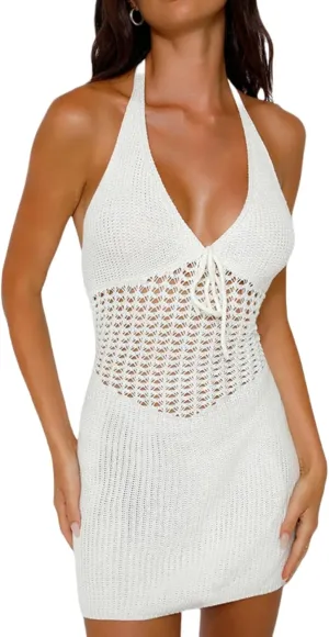 Women's Sexy Halter Backless Crochet Knit Mini Dress Elegant Bow Tie Front Hollow Out Short Dress Summer Beach Dress