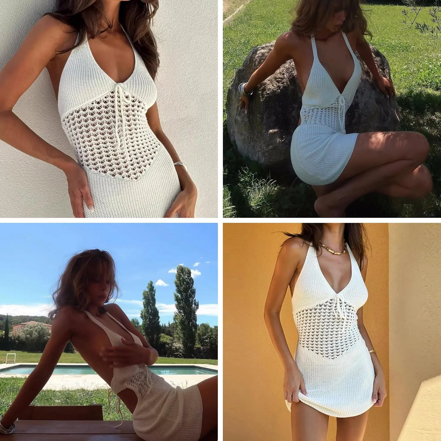 Women's Sexy Halter Backless Crochet Knit Mini Dress Elegant Bow Tie Front Hollow Out Short Dress Summer Beach Dress