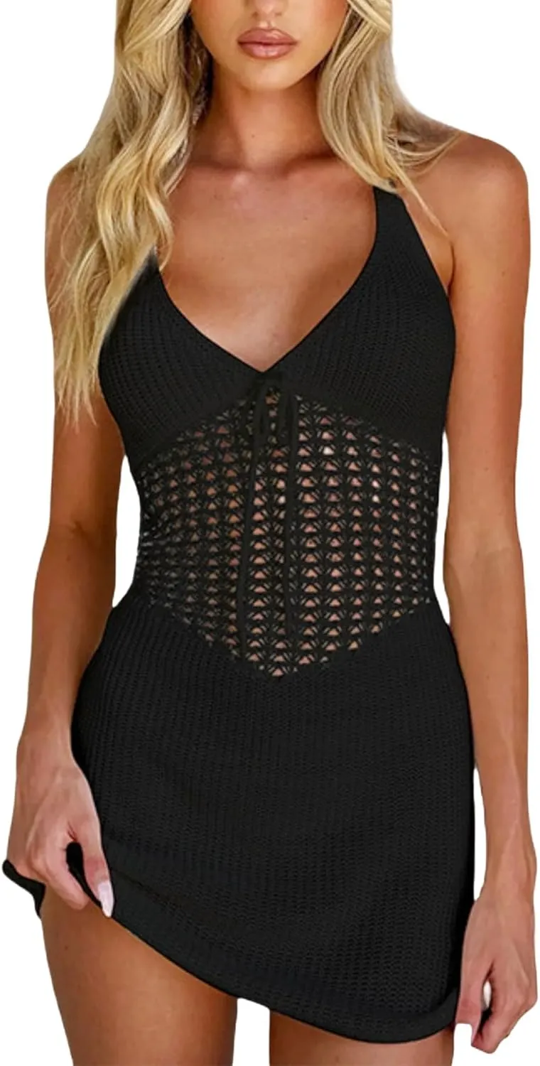 Women's Sexy Halter Backless Crochet Knit Mini Dress Elegant Bow Tie Front Hollow Out Short Dress Summer Beach Dress