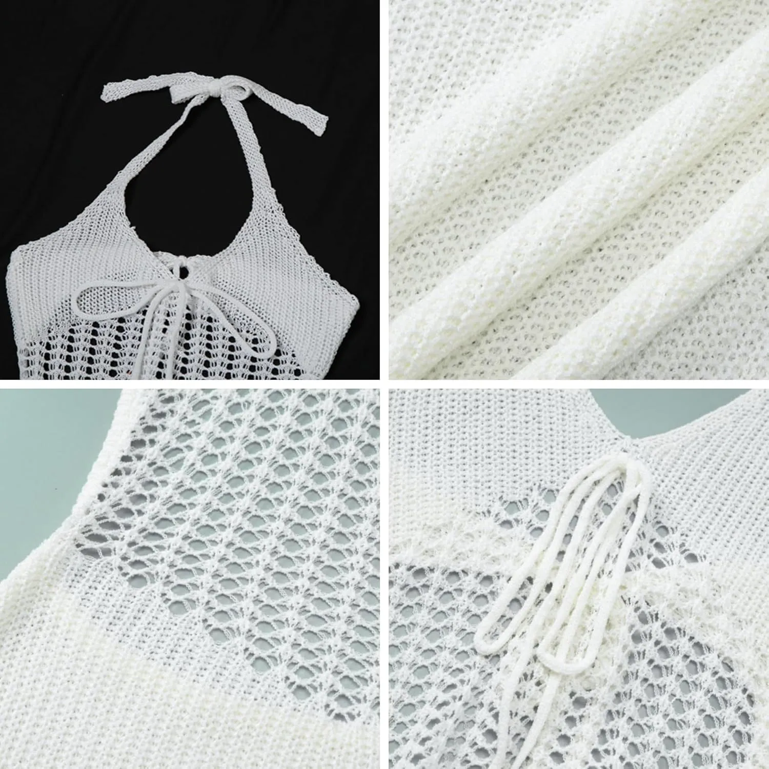 Women's Sexy Halter Backless Crochet Knit Mini Dress Elegant Bow Tie Front Hollow Out Short Dress Summer Beach Dress