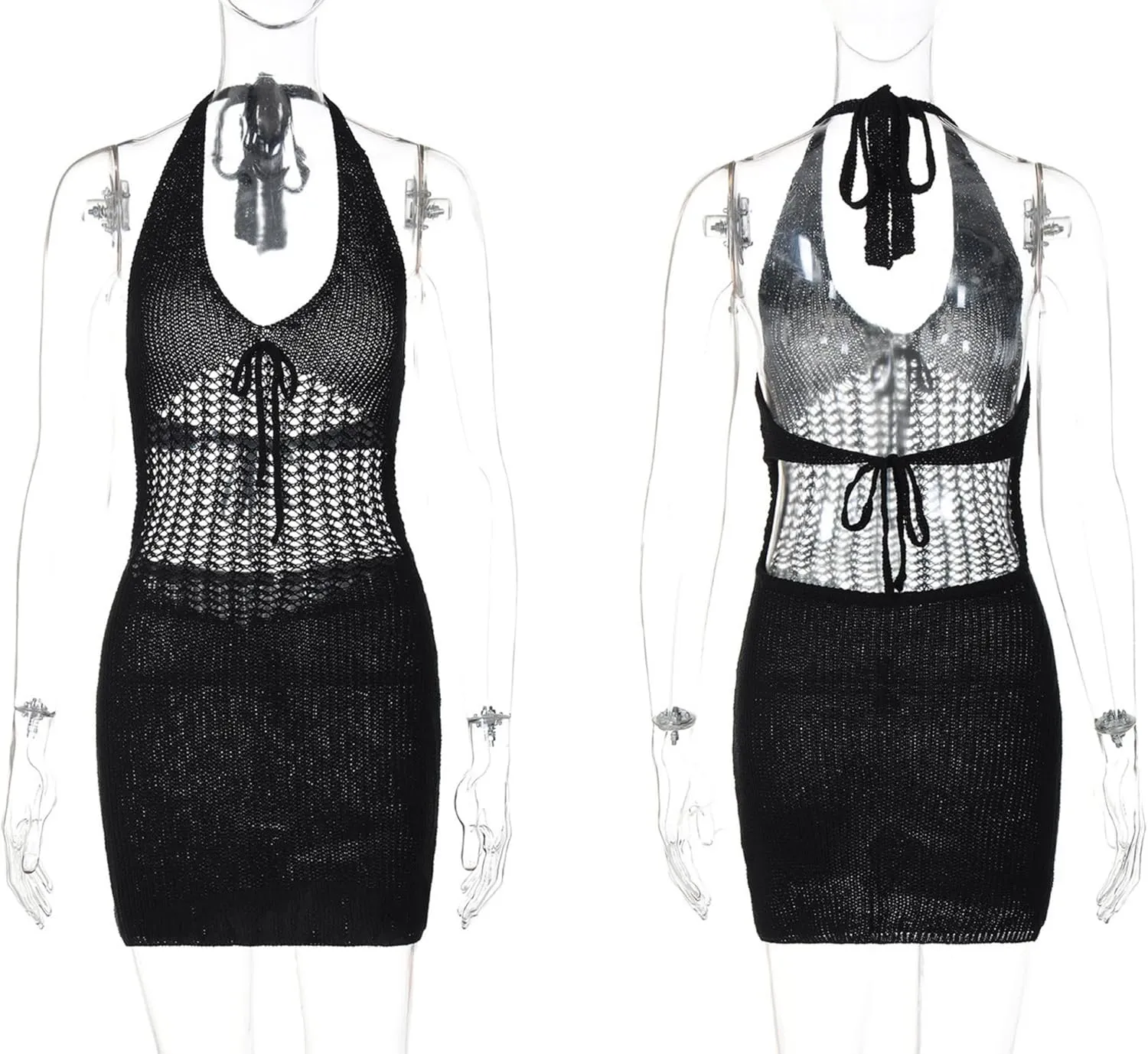 Women's Sexy Halter Backless Crochet Knit Mini Dress Elegant Bow Tie Front Hollow Out Short Dress Summer Beach Dress