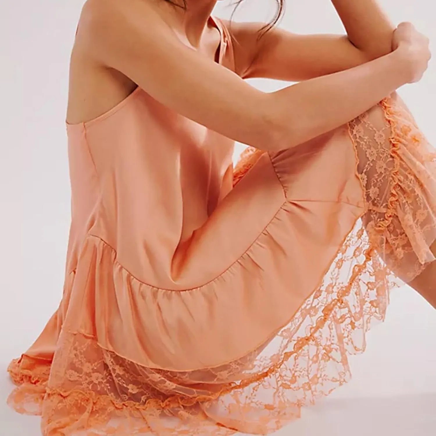 Women's Sexy Lace Flowy Mini Dress Scoop Neck Sleeveless Backless Ruffle Short Dress Y2k Slip Dress Nightgown