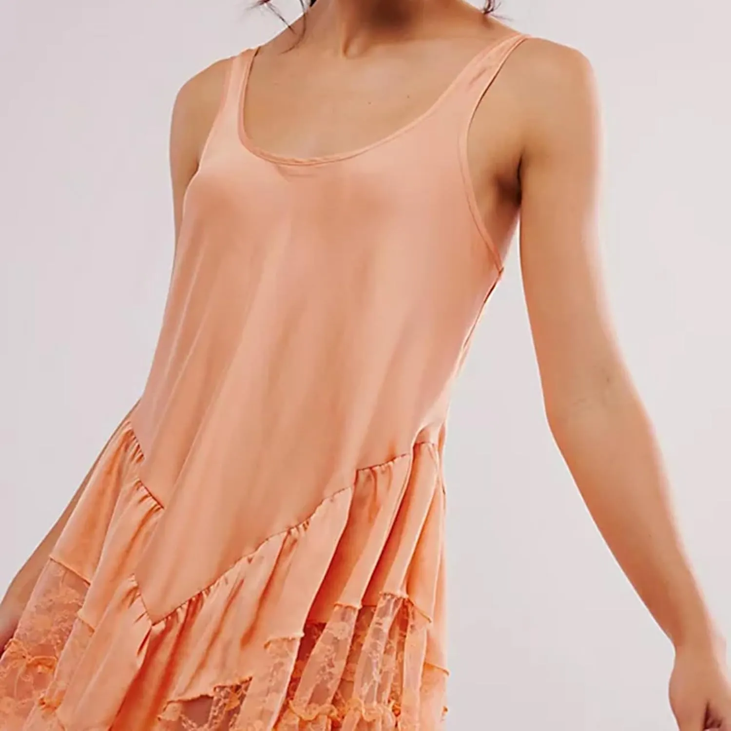 Women's Sexy Lace Flowy Mini Dress Scoop Neck Sleeveless Backless Ruffle Short Dress Y2k Slip Dress Nightgown