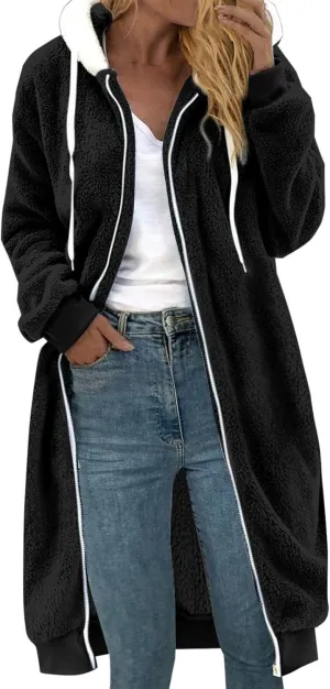 Womens Sherpa Full Zipper Long Hoodies Coats Fleece Lined Warm Knee Length Drawstring Zip Up Jumper Cardigans Jacket