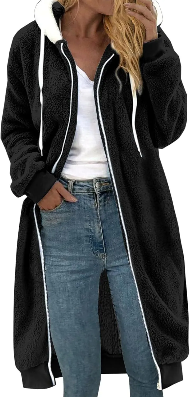 Womens Sherpa Full Zipper Long Hoodies Coats Fleece Lined Warm Knee Length Drawstring Zip Up Jumper Cardigans Jacket