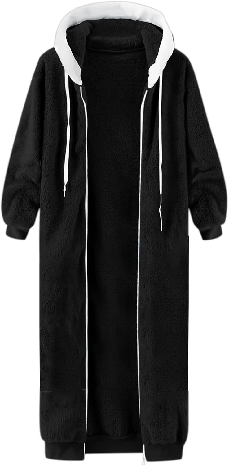 Womens Sherpa Full Zipper Long Hoodies Coats Fleece Lined Warm Knee Length Drawstring Zip Up Jumper Cardigans Jacket