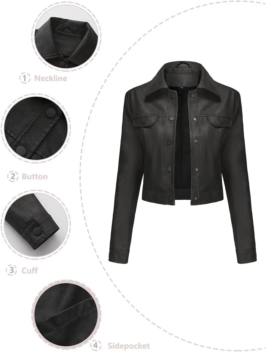 Women's Short Faux Leather Jacket, Faux Leather Women's Motorcycle Jacket, Casual Fashion Leather Jacket