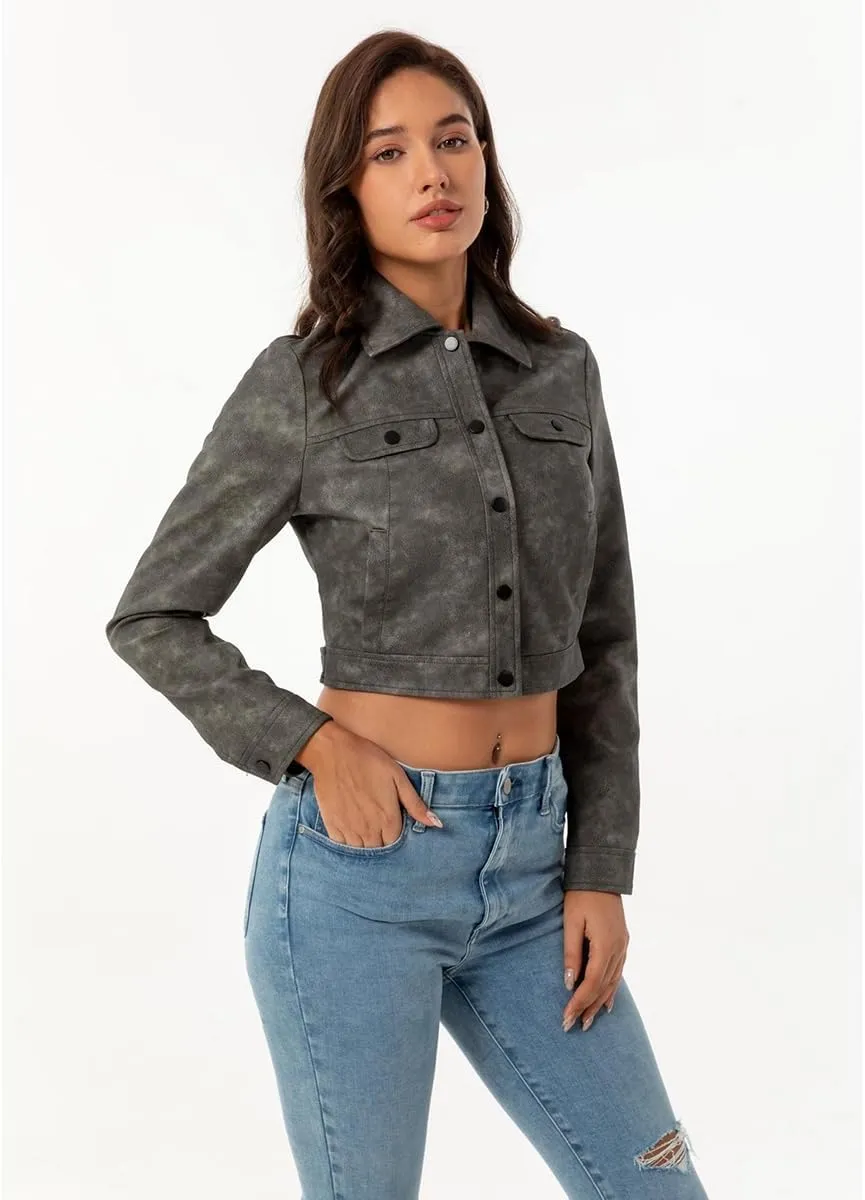 Women's Short Faux Leather Jacket, Faux Leather Women's Motorcycle Jacket, Casual Fashion Leather Jacket