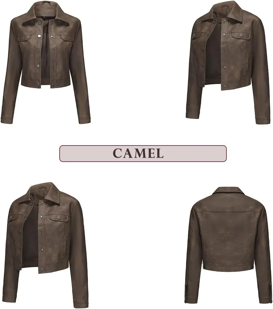 Women's Short Faux Leather Jacket, Faux Leather Women's Motorcycle Jacket, Casual Fashion Leather Jacket