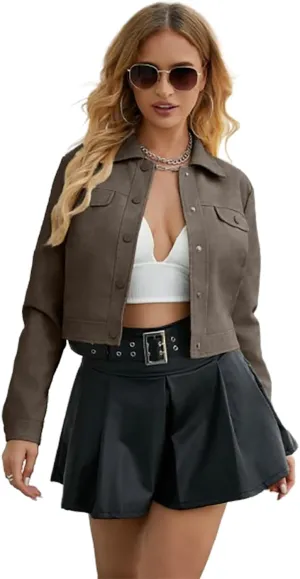 Women's Short Faux Leather Jacket, Faux Leather Women's Motorcycle Jacket, Casual Fashion Leather Jacket