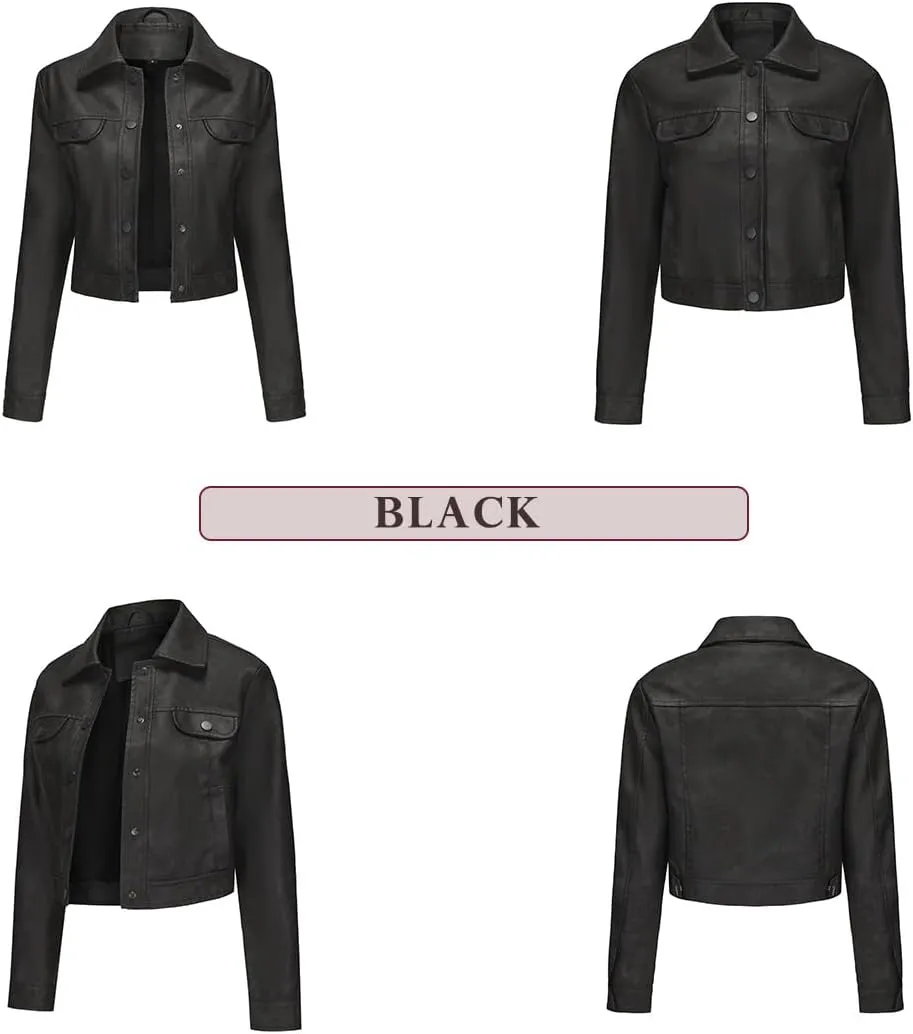 Women's Short Faux Leather Jacket, Faux Leather Women's Motorcycle Jacket, Casual Fashion Leather Jacket