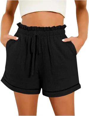 Womens Shorts Dressy Casual Summer 2025 Elastic High Waisted Ruffle Hem Beach Shorts Soft Dressy Shorts with Pockets