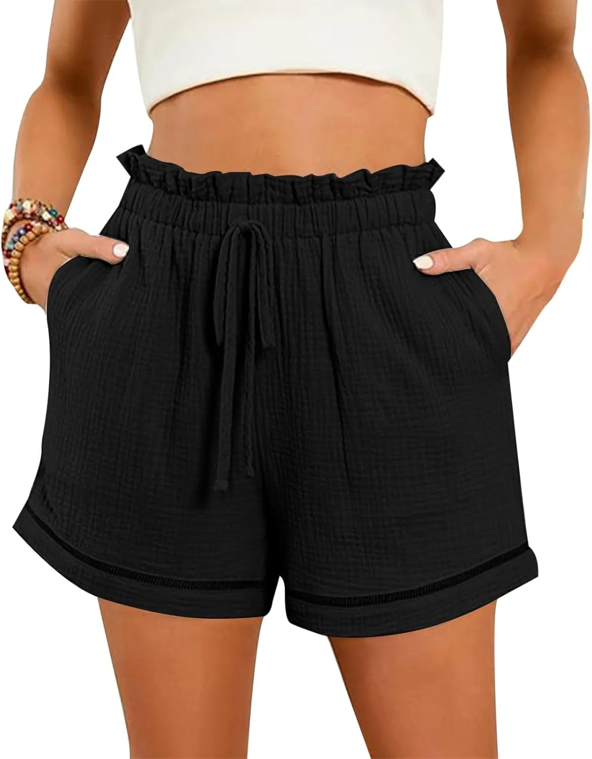 Womens Shorts Dressy Casual Summer 2025 Elastic High Waisted Ruffle Hem Beach Shorts Soft Dressy Shorts with Pockets