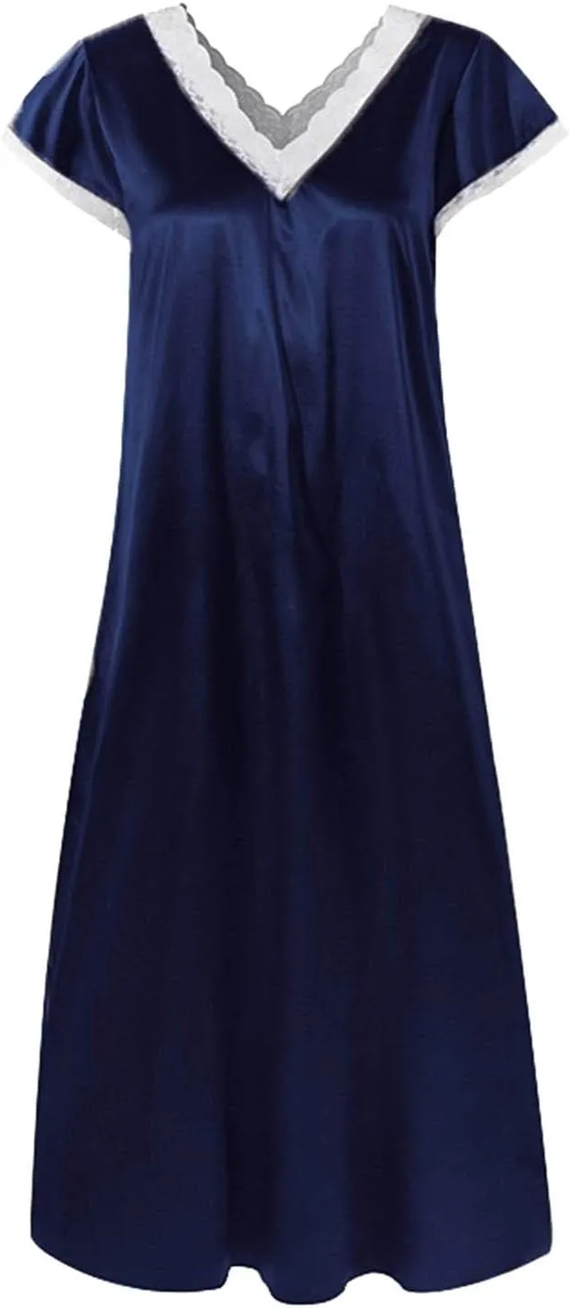 Womens Silk Satin Long Nightgown Lace Trim Chemise Lingerie Maxi Sleepdress for Ladies V Neck Shorts Sleeve Sleepwear