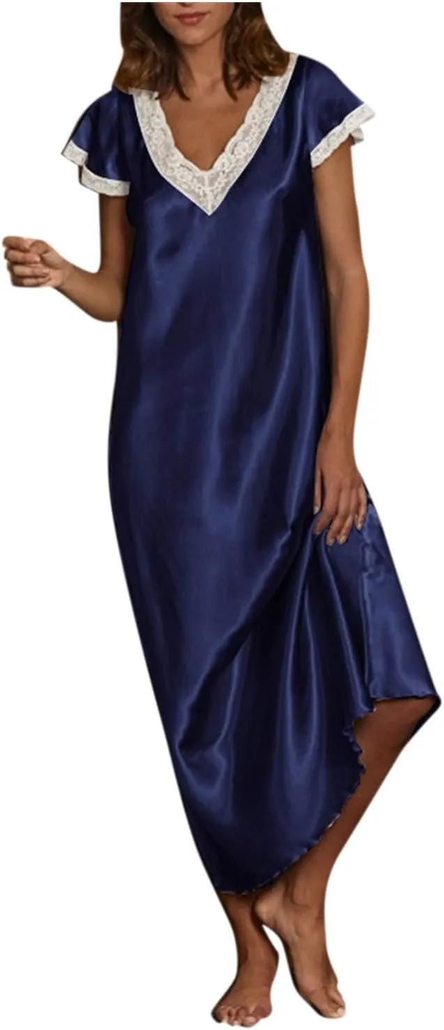 Womens Silk Satin Long Nightgown Lace Trim Chemise Lingerie Maxi Sleepdress for Ladies V Neck Shorts Sleeve Sleepwear