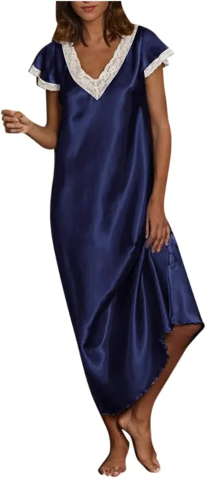 Womens Silk Satin Long Nightgown Lace Trim Chemise Lingerie Maxi Sleepdress for Ladies V Neck Shorts Sleeve Sleepwear