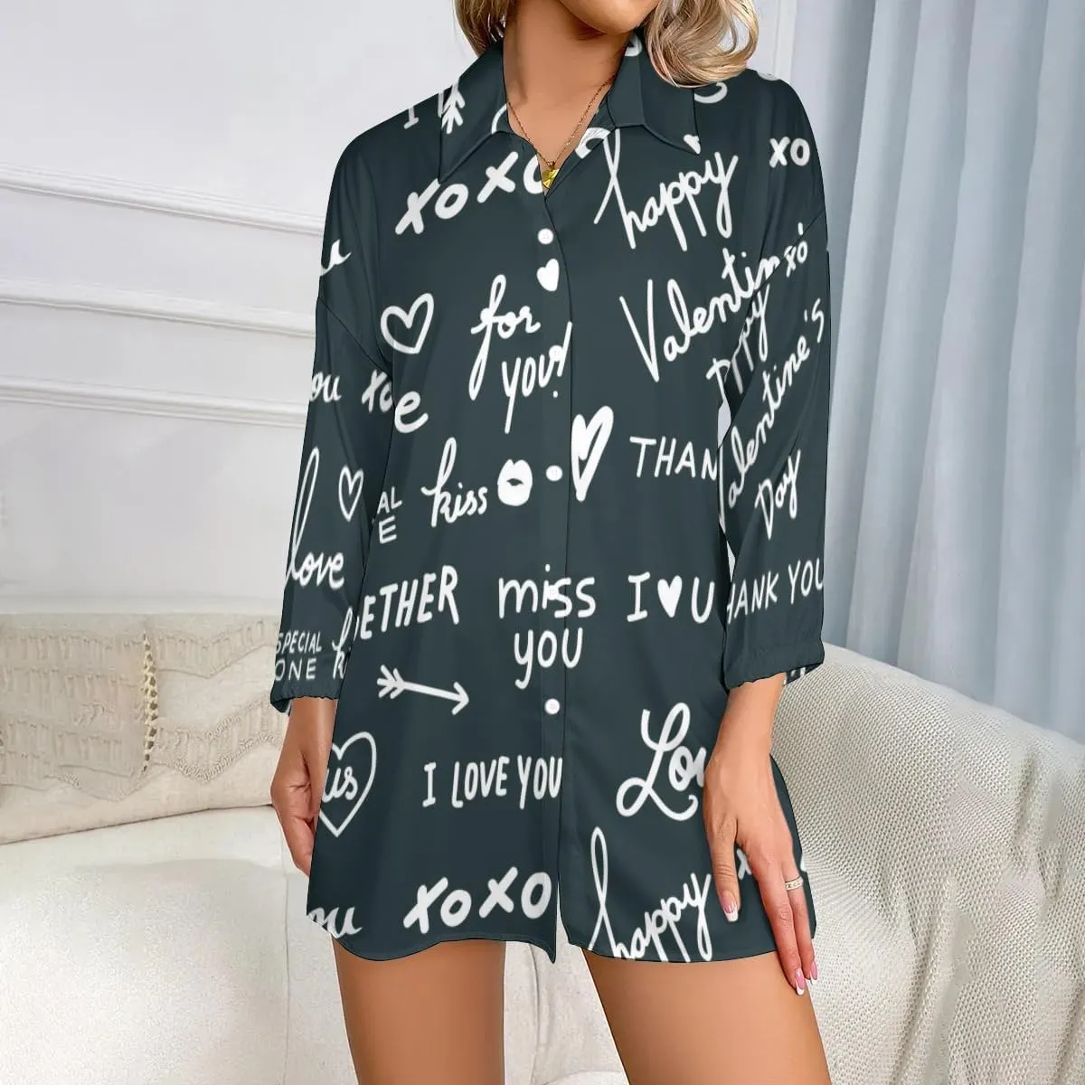 Womens Soft Comfy Shirt Dress Stripe1 Button-Down Night Dress Nightshirt Long Sleeve Sleep Shirt