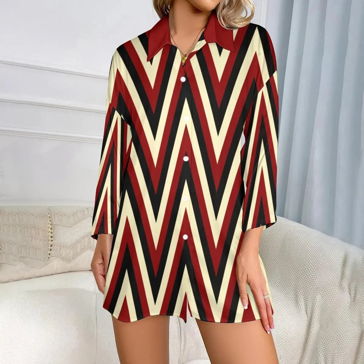 Womens Soft Comfy Shirt Dress Stripe1 Button-Down Night Dress Nightshirt Long Sleeve Sleep Shirt