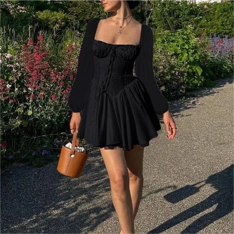 Womens Square Neck Lace Dress Y2k Long Sleeve Bodycon Mini Dress Floral Ruffle Short Dress Low Cut Party Clubwear