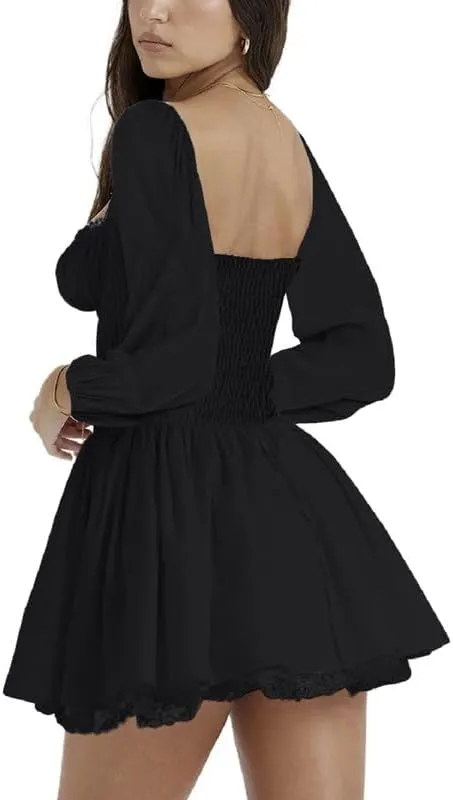 Womens Square Neck Lace Dress Y2k Long Sleeve Bodycon Mini Dress Floral Ruffle Short Dress Low Cut Party Clubwear