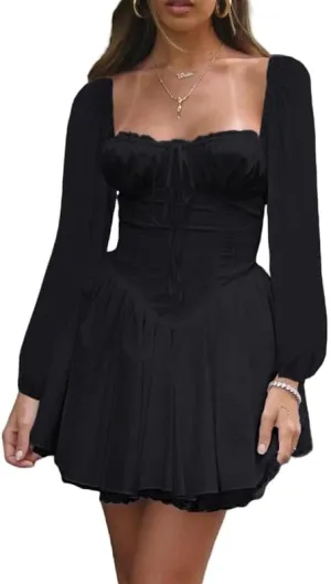 Womens Square Neck Lace Dress Y2k Long Sleeve Bodycon Mini Dress Floral Ruffle Short Dress Low Cut Party Clubwear