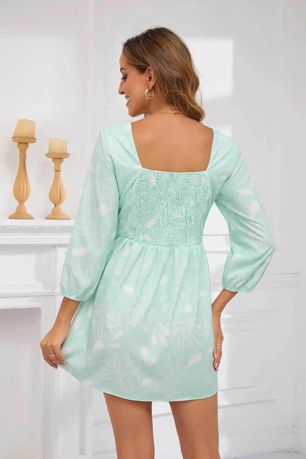 Women's Summer Dress Boho Short Sleeve Floral Baby Dress Mid Sleeve Square Neck Mini Dress