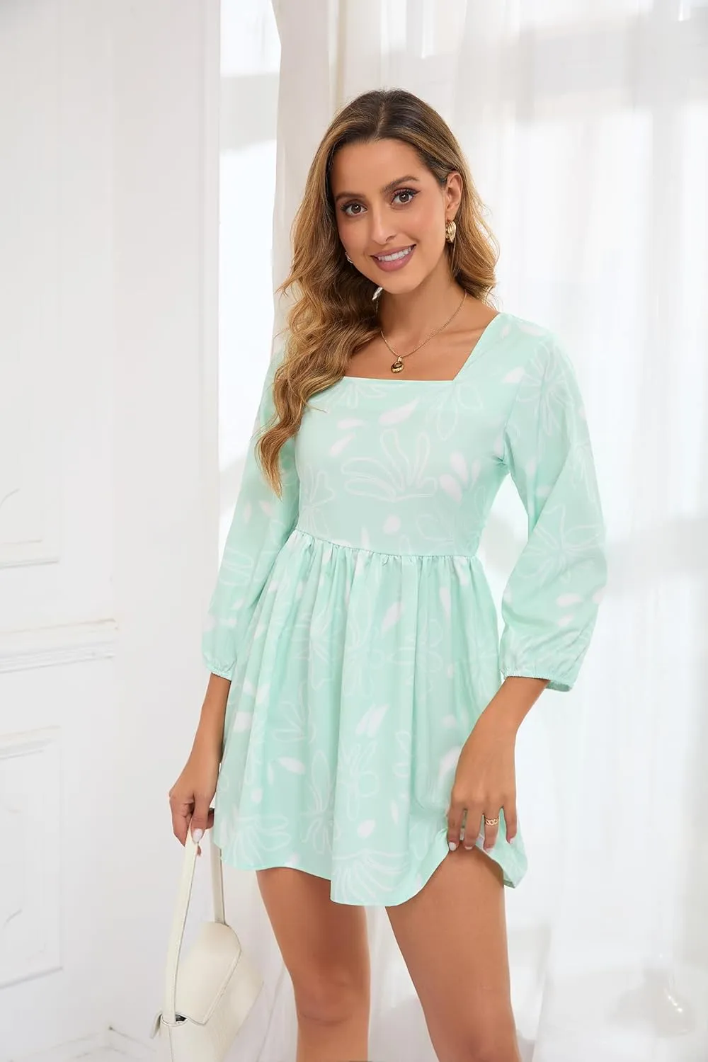 Women's Summer Dress Boho Short Sleeve Floral Baby Dress Mid Sleeve Square Neck Mini Dress