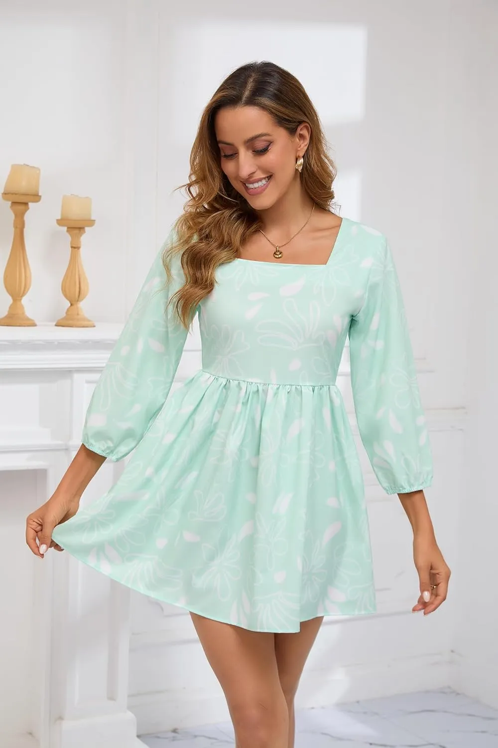 Women's Summer Dress Boho Short Sleeve Floral Baby Dress Mid Sleeve Square Neck Mini Dress