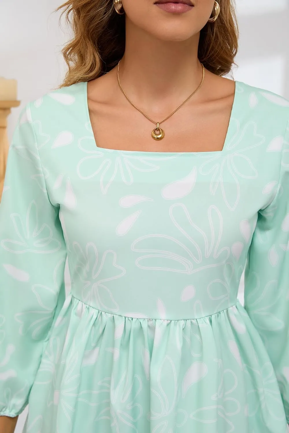 Women's Summer Dress Boho Short Sleeve Floral Baby Dress Mid Sleeve Square Neck Mini Dress
