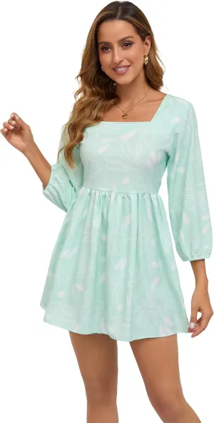 Women's Summer Dress Boho Short Sleeve Floral Baby Dress Mid Sleeve Square Neck Mini Dress