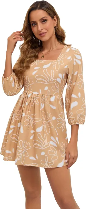 Women's Summer Dress Boho Short Sleeve Floral Baby Dress Mid Sleeve Square Neck Mini Dress
