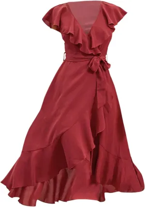 Women's Summer Wrapped Long Skirt Casual Subdeep V Neck Short Sleeve Frilly Split Beach Long Dress Womens Dresses