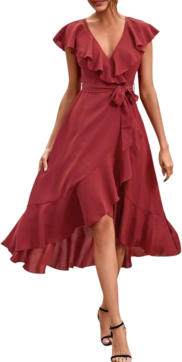 Women's Summer Wrapped Long Skirt Casual Subdeep V Neck Short Sleeve Frilly Split Beach Long Dress Womens Dresses
