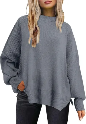 Womens Sweaters Chunky Knit Solid Color Crew Neck Long Sleeve Casual Lightweight Soft Jumper Tops