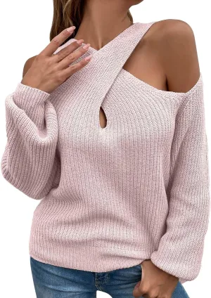 Women's Sweaters Chunky Knit Solid Color Strap Neck Long Sleeve Casual Loose Fit Soft Pullover Tops
