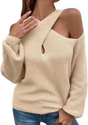 Women's Sweaters Chunky Knit Solid Color Strap Neck Long Sleeve Casual Loose Fit Soft Pullover Tops