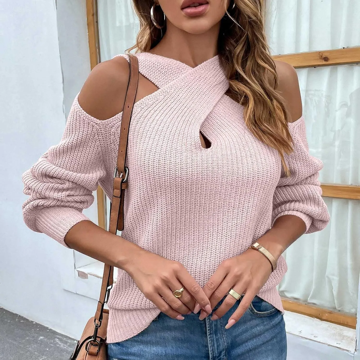 Women's Sweaters Chunky Knit Solid Color Strap Neck Long Sleeve Casual Loose Fit Soft Pullover Tops